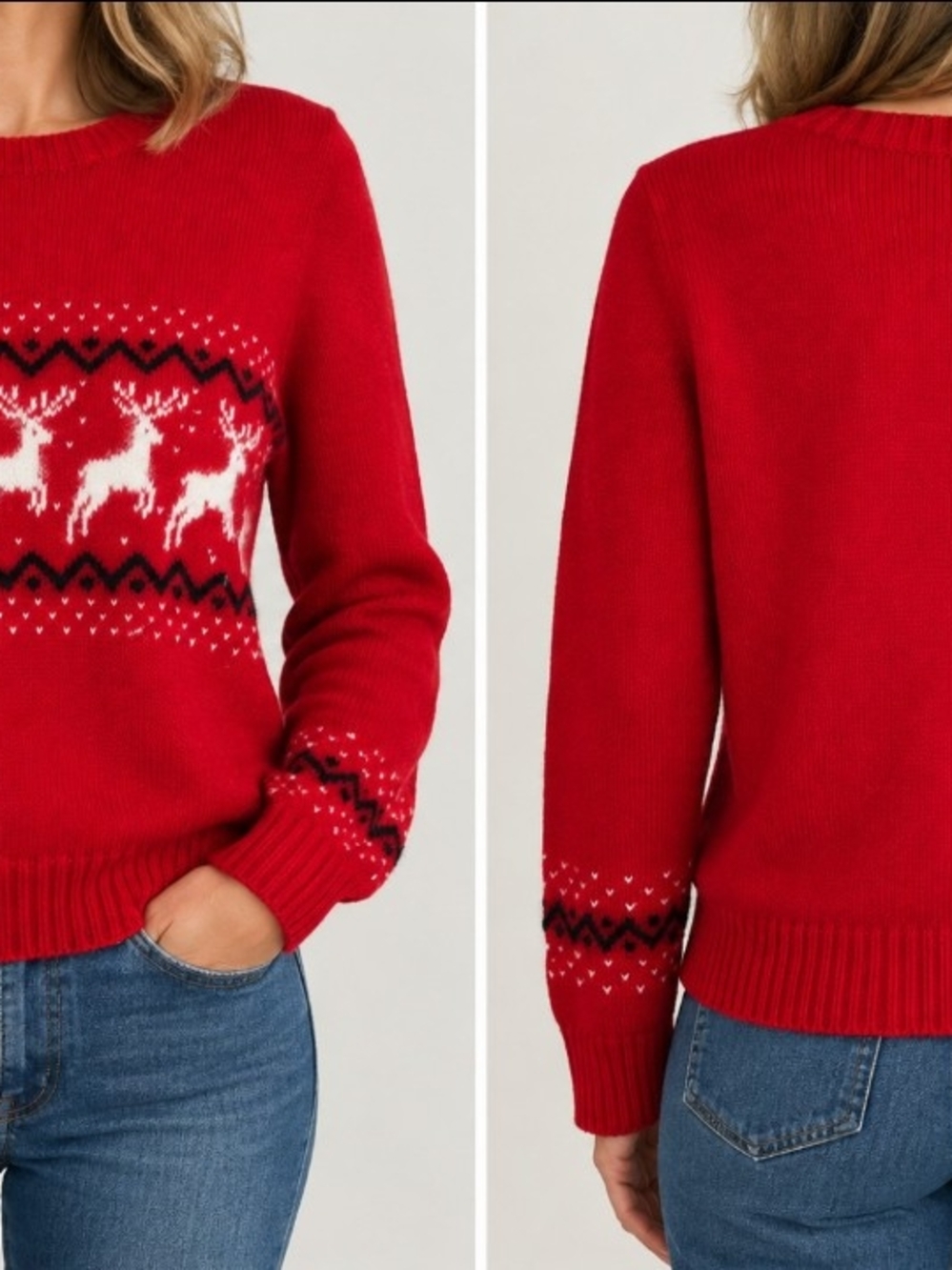 NORDSTROM Women's Red Wool/Angora Christmas Reindeer Crewneck Sweater 1980s